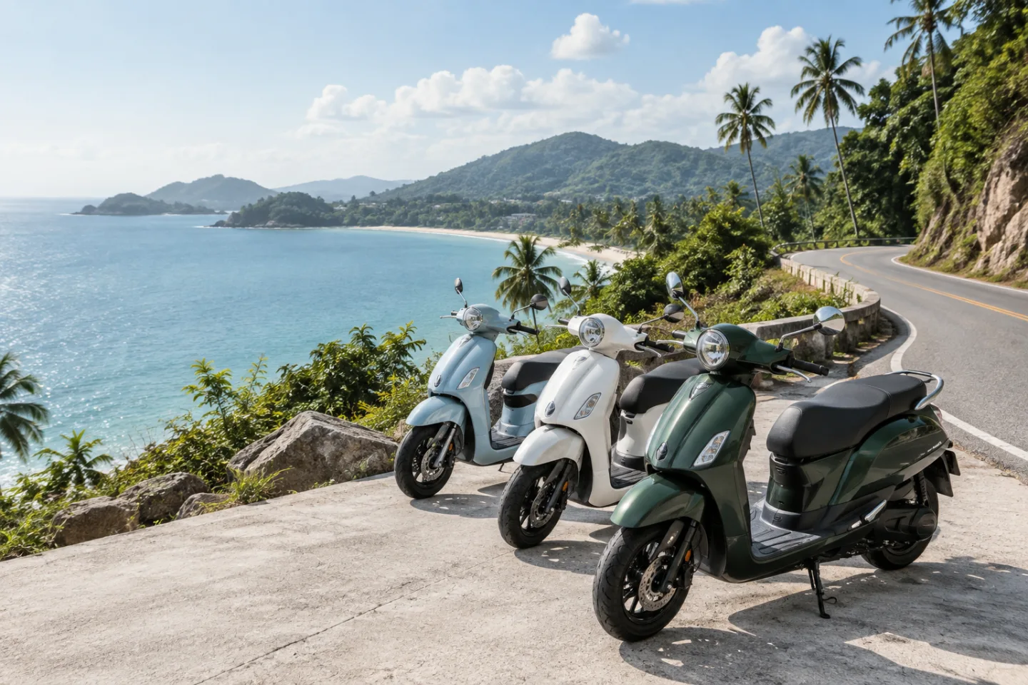 Three rental scooters beside a palm-lined coastal road in Thailand