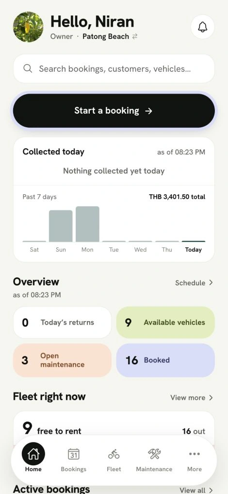 Current Bikarz dashboard with collections, weekly activity, bookings and fleet availability